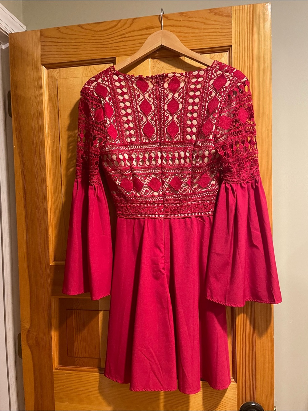 CBR Red Crochet Yoke Bell-Sleeve Mini Dress